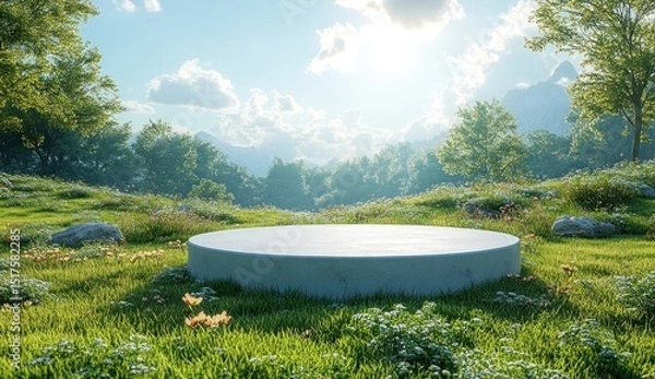 Obraz Empty round platform in a lush mountain landscape.