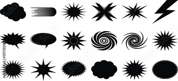 Fototapeta Comic flash explosion vector icons set with smoke, lightning, swirl, burst, jagged speech bubbles and blasts