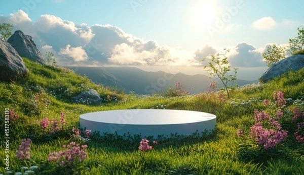 Obraz Empty round pedestal on a grassy mountaintop landscape.