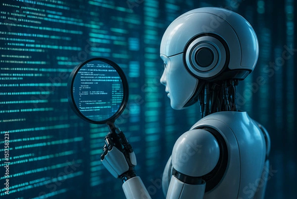 Fototapeta AI generated image of a futuristic robot analyzing digital code through a magnifying glass in a glowing data environment symbolizing precision focus and cyber intelligence