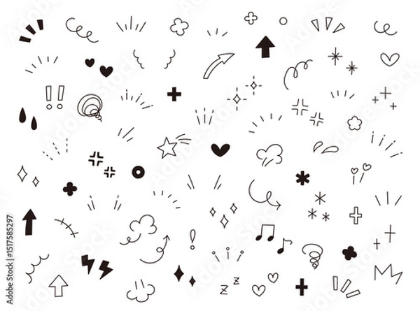 Obraz 手描き風の落書きベクター素材セット 　 イラスト　矢印　ハート　雲　線画　記号　飾り　アイコン