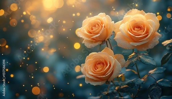 Obraz Softly lit, peachy roses bloom in a magical garden.