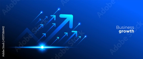 Fototapeta Business growth arrow on dark blue technology background with futuristic light effect for presentation
