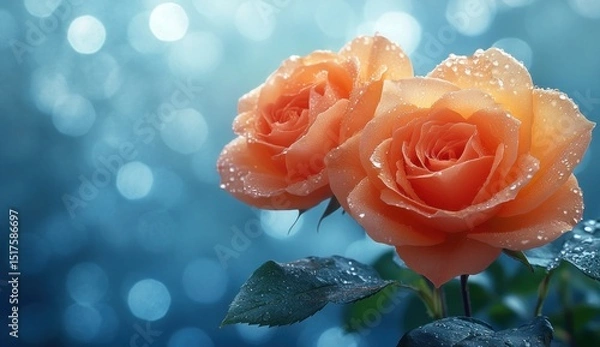 Obraz Two delicate orange roses with water droplets in soft focus.