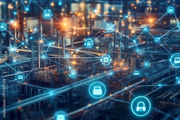 Fototapeta Industrial plant cybersecurity network digital transformation smart factory IoT