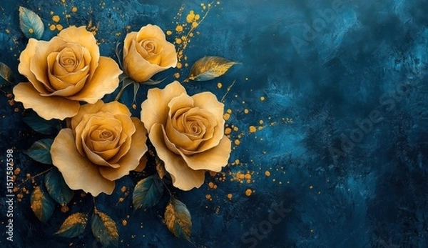 Obraz Three golden roses on a teal textured background.
