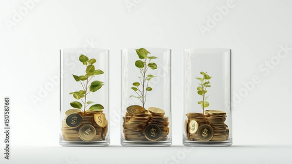 Obraz Lucky bamboo and a money tree are growing from a pile of coins showing a green and gold symbol of financial growth and investment success