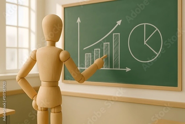 Fototapeta Wooden mannequin presenting growth chart and pie chart on board