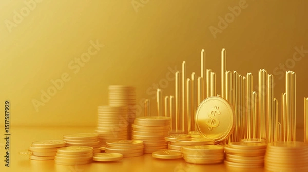 Obraz Graph showing growth of gold coins on a golden background representing finance and wealth