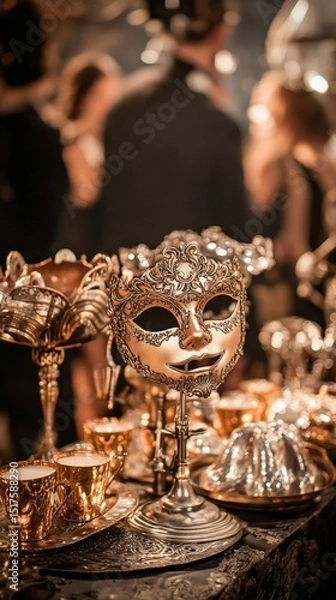 Obraz Steampunk masquerade party with guests wearing elegant masks, intricate metalwork decor, and a blend of classical and industrial music setting the tone
