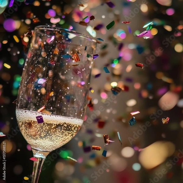 Obraz Bubbles and Festivities: a glass of champagne erupts with excitement and color as confetti fills the air, capturing a moment of celebration and joy.