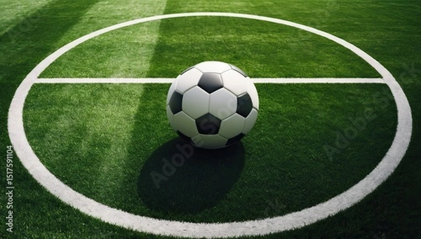 Fototapeta Black-and-White Soccer Ball at the Center of a Green Field, Illuminated by Sunlight