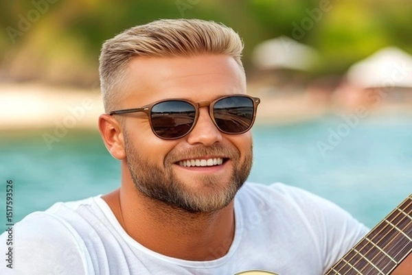 Fototapeta Smiling man playing guitar by the beach in warm sunlight with vibrant greenery in the background