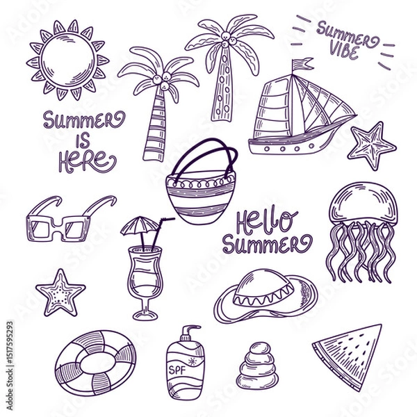 Fototapeta Hand-drawn summer line art set tropical vacation icons. Sketch collection. For coloring pages, stickers, cards, or design projects. Vector illustration