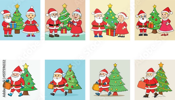 Fototapeta Santa Claus And Mrs Claus With Christmas Trees Cartoon Vector Illustrations