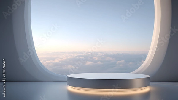 Fototapeta Minimalist product display stand against the background of the cabin window
