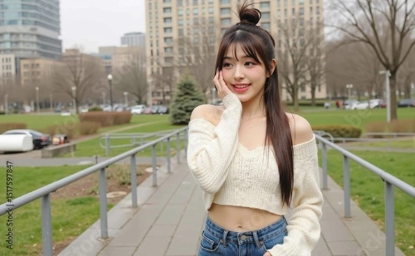 Obraz Modern street style visual woman messy top knot smiling in crop top denim skirt downtown park tilted framing advertising campaign