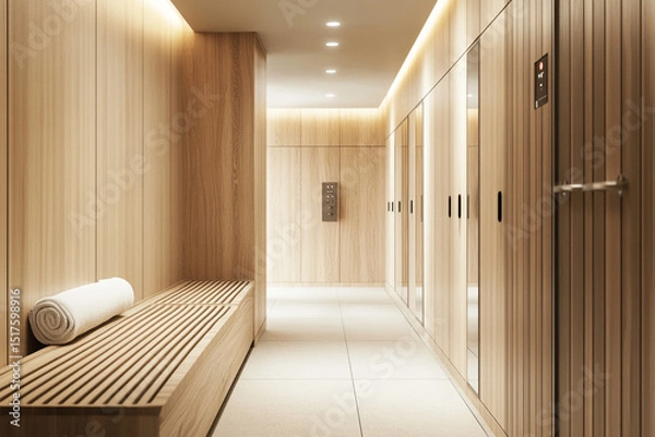 Fototapeta Modern spa locker room with wooden walls bench and towel