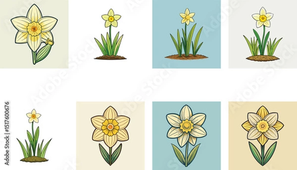 Fototapeta Hand Drawn Illustrations Of Yellow Daffodils Flowers For Springtime Themed Design