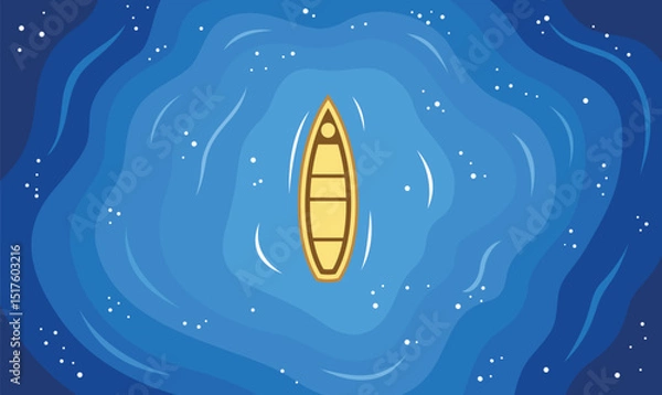 Obraz Aerial View of Floating Boat Centered in Vast Blue Water Ocean Lake