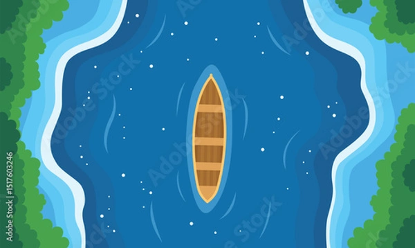Obraz Aerial View of Floating Boat Centered in Vast Blue Water Ocean Lake