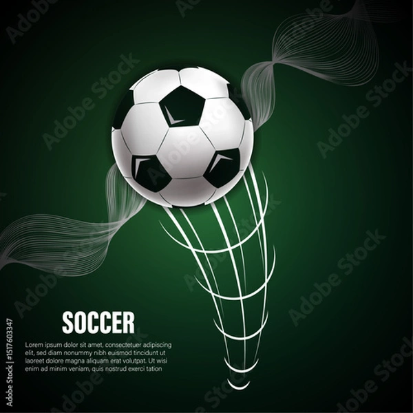 Fototapeta Soccer background with a football hitting the net, white dynamic motion lines, and soft abstract smoke on a dark green gradient. Ideal for sports posters, banners, and event graphics.