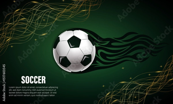 Fototapeta Dynamic soccer background with a flaming football, abstract golden lines, and green textured field. Perfect for sports banners, flyers, and tournament advertisements.