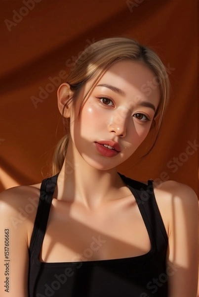 Obraz Dermatology-focused stock photo female with flawless skin poses in casual tanktop warm studio lighting commercial use