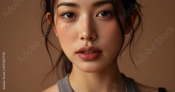 Obraz Skincare branding visual young woman in simple tanktop showcases dewy complexion in earthy brown studio advertising content
