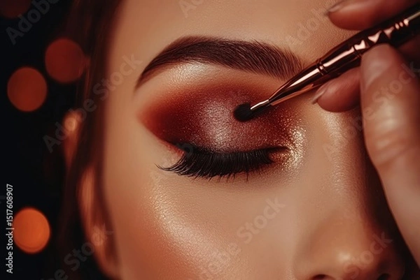 Fototapeta Professional makeup application focuses on a model's stunning eye makeup using warm tones and glittery accents in a dimly lit setting