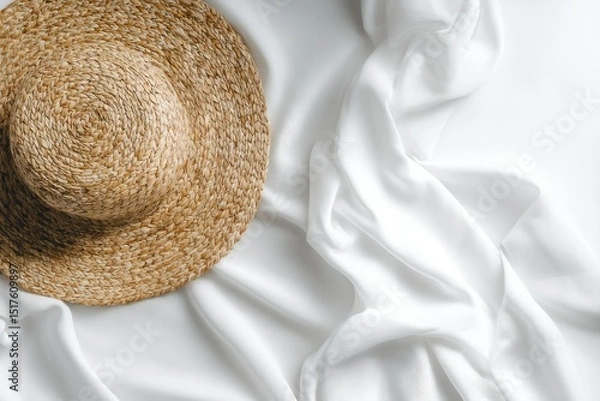 Fototapeta A sun hat made of woven straw rests on a backdrop of smoothly draped white fabric.  The lighting is soft and even, highlighting the textures of both the hat and cloth