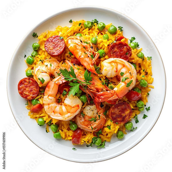 Fototapeta Colorful Paella with Shrimp, Saffron Rice, Peas, and Chorizo