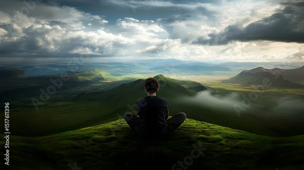 Fototapeta Person Meditating On Mountaintop Overlooking Valley Landscape