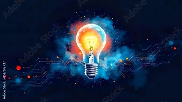 Fototapeta Illuminated Light Bulb Surrounded by Colorful Digital Effects and Patterns