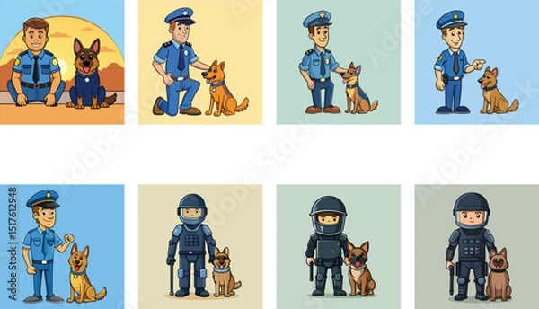 Fototapeta Cartoon Policemen And Police Dog Illustrations For Law Enforcement Themed Concepts