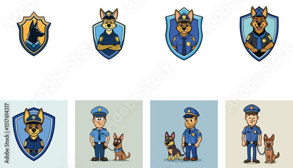 Fototapeta Cartoon Police Dog Character Set Featuring Officers Canine Cops Vector Illustrations