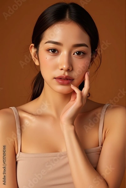 Obraz Clean beauty campaign image glowing skin emphasized on confident woman wearing tanktop against warm neutral studio backdrop
