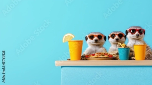 Fototapeta Fun meerkat party colorful setting cute animals playful atmosphere