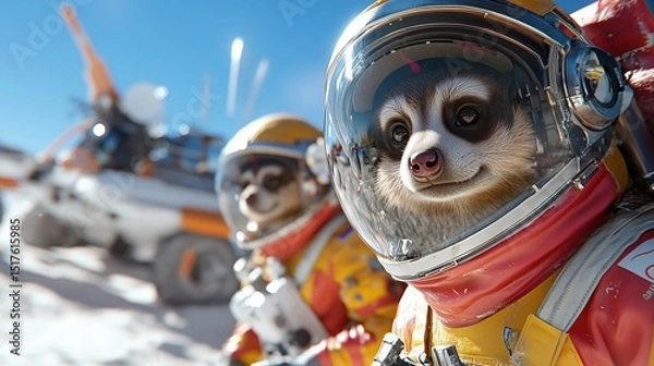 Fototapeta Space adventure meerkats in spacesuits outer space digital art