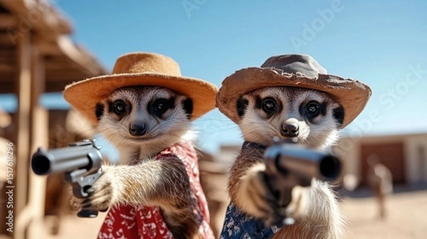 Fototapeta Two meerkats dressed in cowboy attire playfully pointing toy guns in a whimsical wild west setting.
