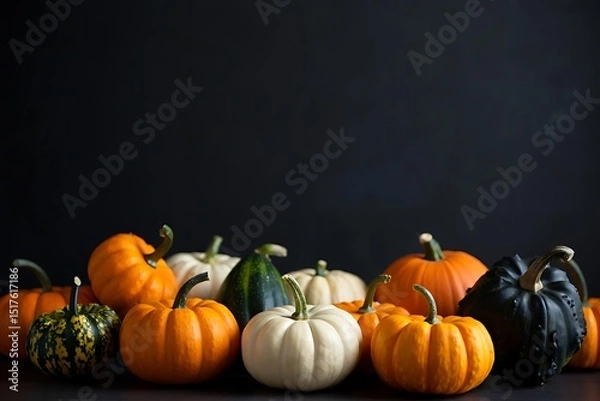Fototapeta Assortment of colorful pumpkins and gourds on a dark surface for autumn harvest display