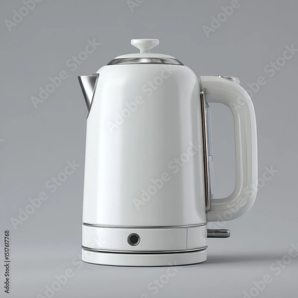 Fototapeta A sleek, white electric kettle with a stainless steel lid and accents, shown in profile against a neutral gray background