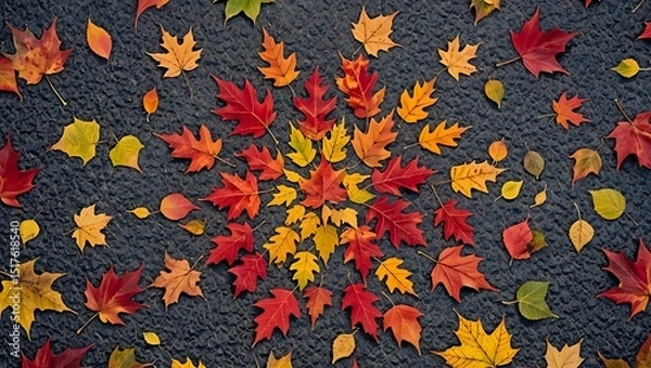 Fototapeta Autumn leaves arranged in a circular pattern on a dark textured surface, vibrant colors