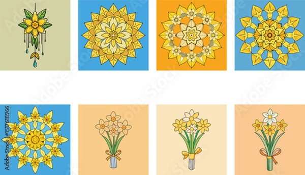 Fototapeta Daffodil Flower Mandalas And Floral Arrangements Set Spring Themed Illustrations