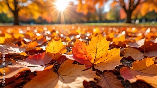 Fototapeta Golden maple leaves cover the ground in autumn sunlight, creating a vibrant scene