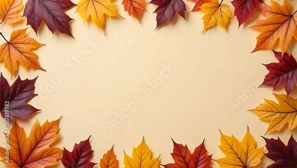 Fototapeta Colorful autumn maple leaves frame on a beige background with copy space