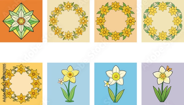 Fototapeta Daffodil Flower Cartoon Set Spring Floral Wreaths Isolated Daffodils In Different Style