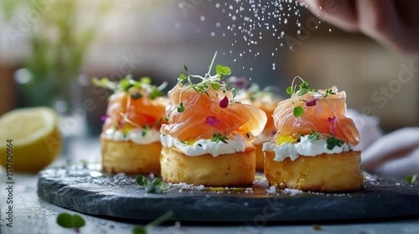 Fototapeta Smoked salmon mini toast rolls on a stone platter. Cream cheese and microgreens. A hand adds salt, a lively motion