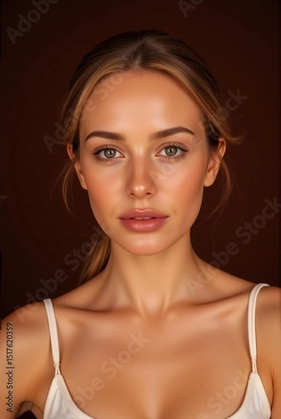 Obraz Minimalist skincare ad concept woman with luminous skin wears basic tanktop posing against warm terracotta studio background