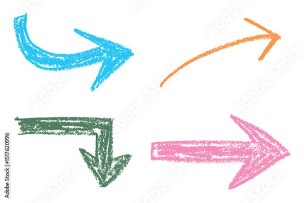 Obraz Colorful hand drawn arrows with chalk and crayon texture. A playful set of sketchy directional symbols in pink, blue, orange, and green. Rough lines and bold shapes
